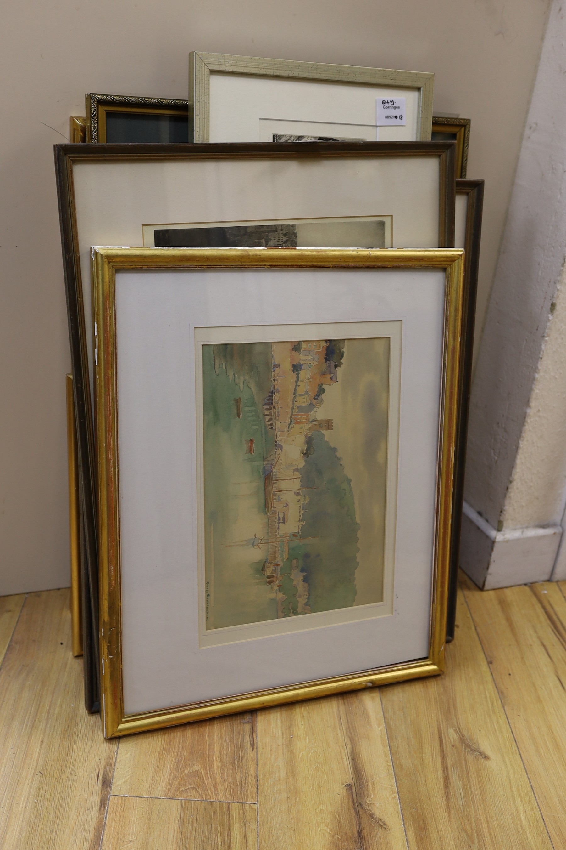 A group of assorted pictures and prints including a lithograph after Sickert and three etchings by Andrew Affleck including a View of Edinburgh